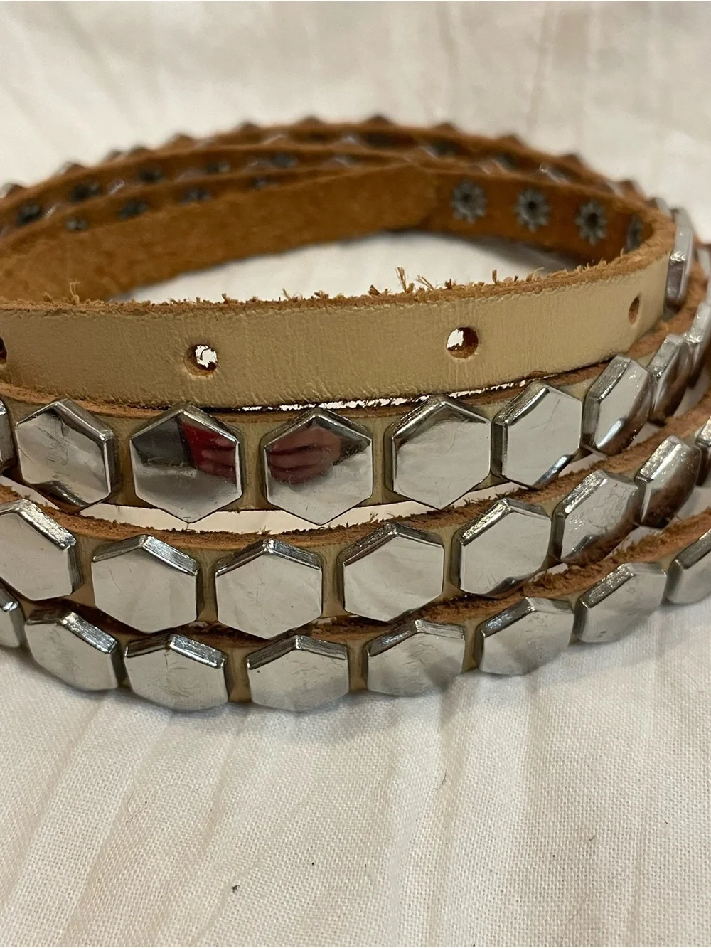 Leather Silver Hexagon Studded Wrap Belt Western Boho Y2K Tan